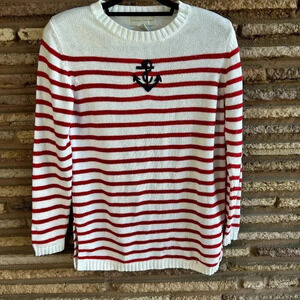 Casual Corner Vintage Red Nautical Stripe Blue Anchor Cotton Sweater Size Small